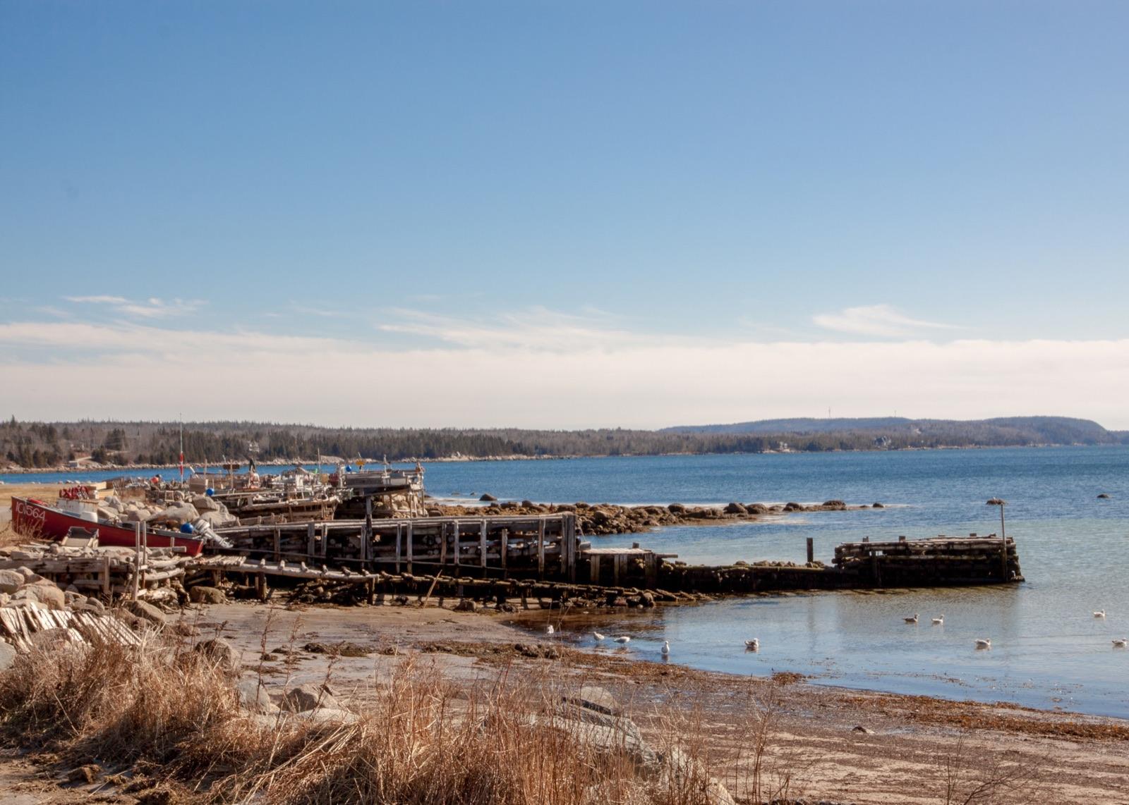 A working shoreline in Nova Scotia — small boats and a wooden wharf at the water's edge